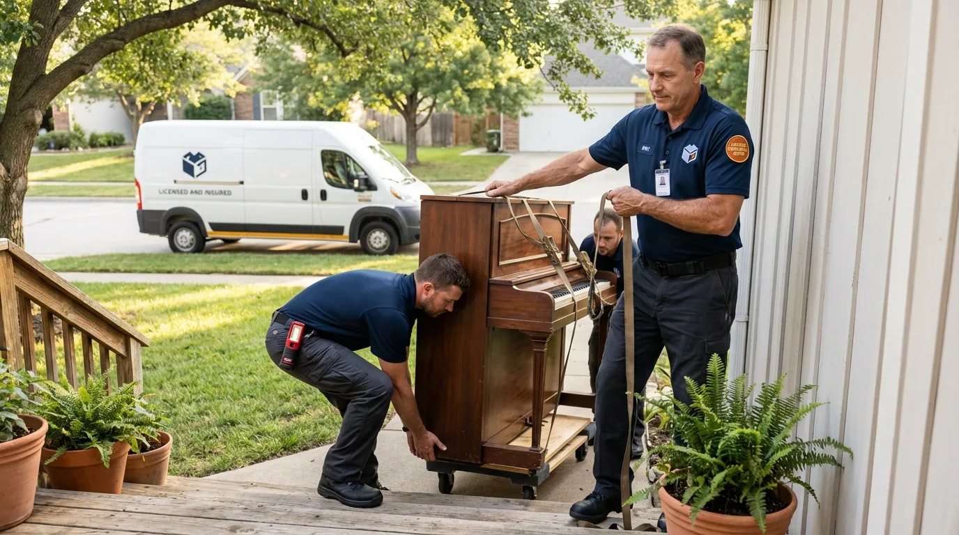 Licensed piano movers securing grand piano in Shreve, OH