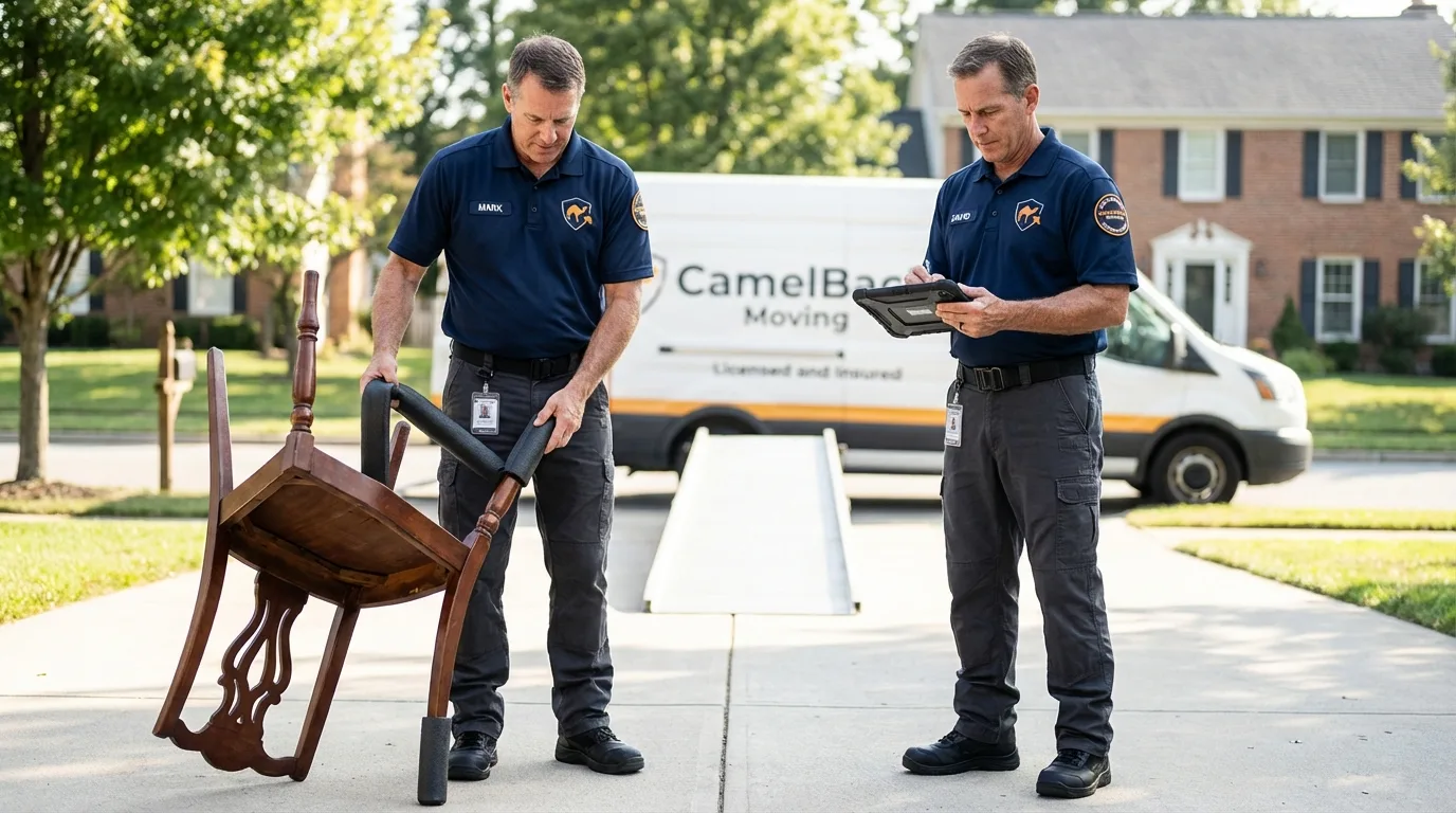 Movers inspecting furniture for damage prevention before loading in Shreve, OH