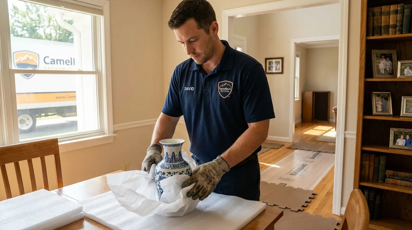 Professional crew carefully wrapping antique vase for senior downsizing move in Shreve, OH